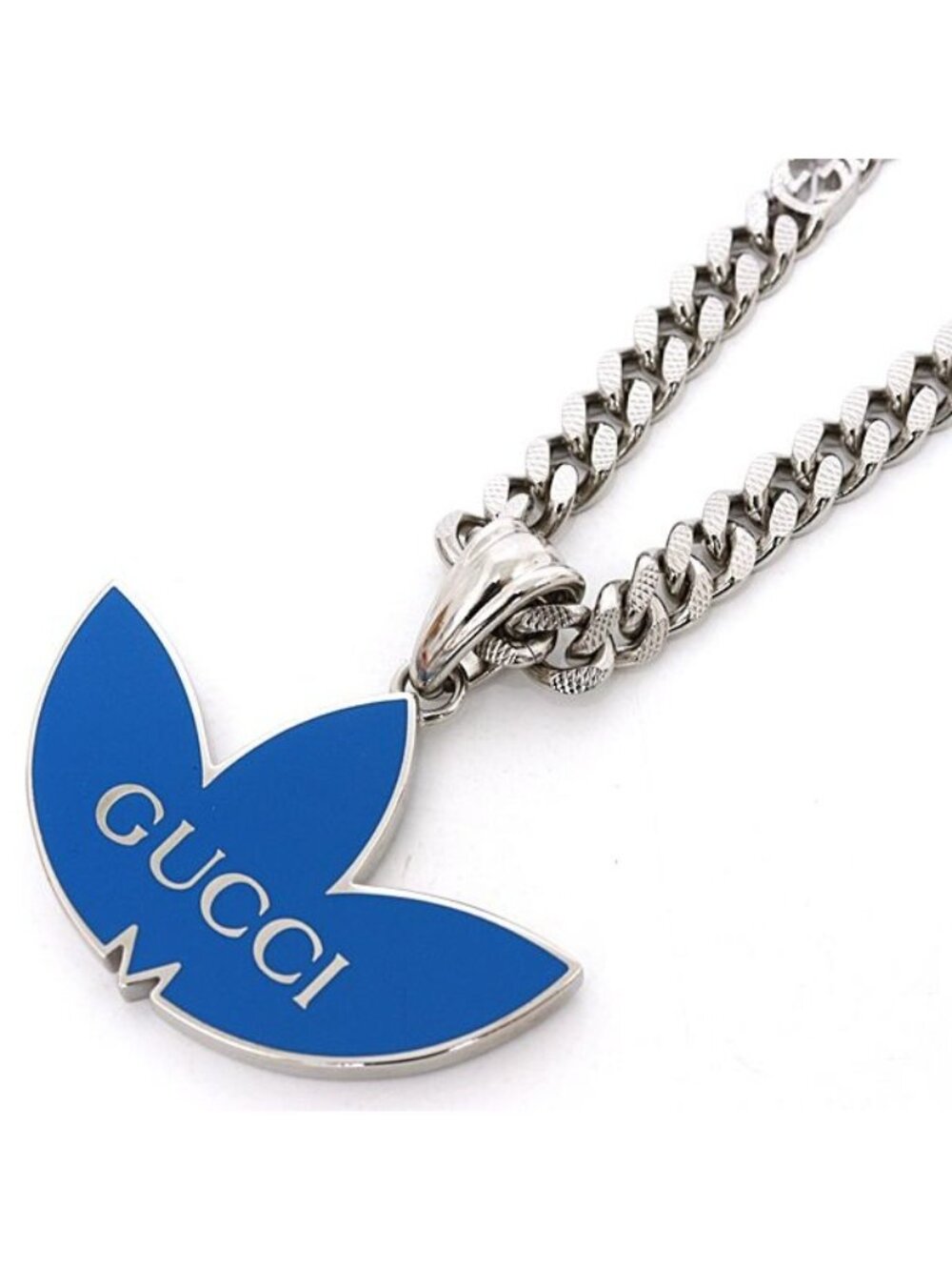 Gucci Adidas Trefoil Pendant Golmette Chain Necklace Blue Silver Rank